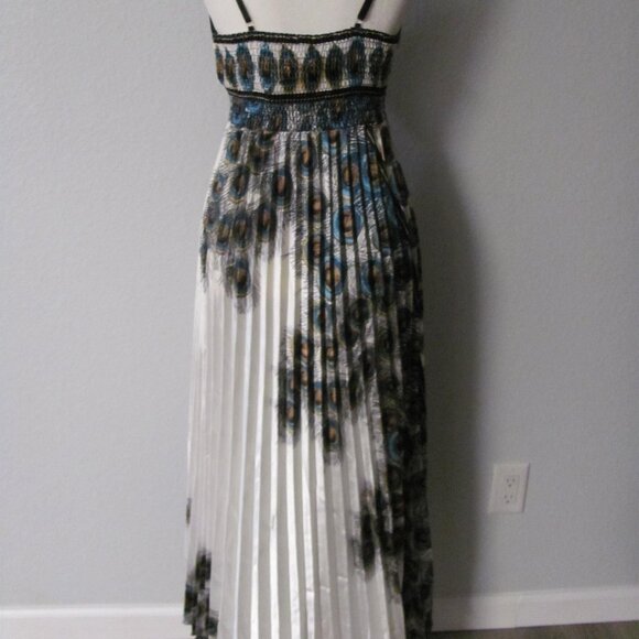 Step In Style White Satin Peacock Print Pleated Skirt Maxi Dress NWT One Size - Picture 5 of 6